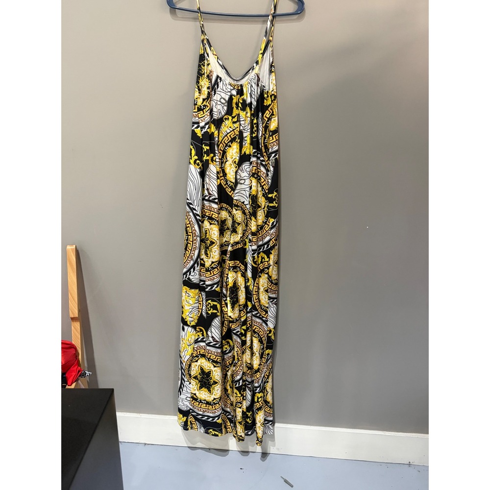 Womens Baroque Greek Key Print Maxi Dress Yellow Black White Ornate V-Neck L